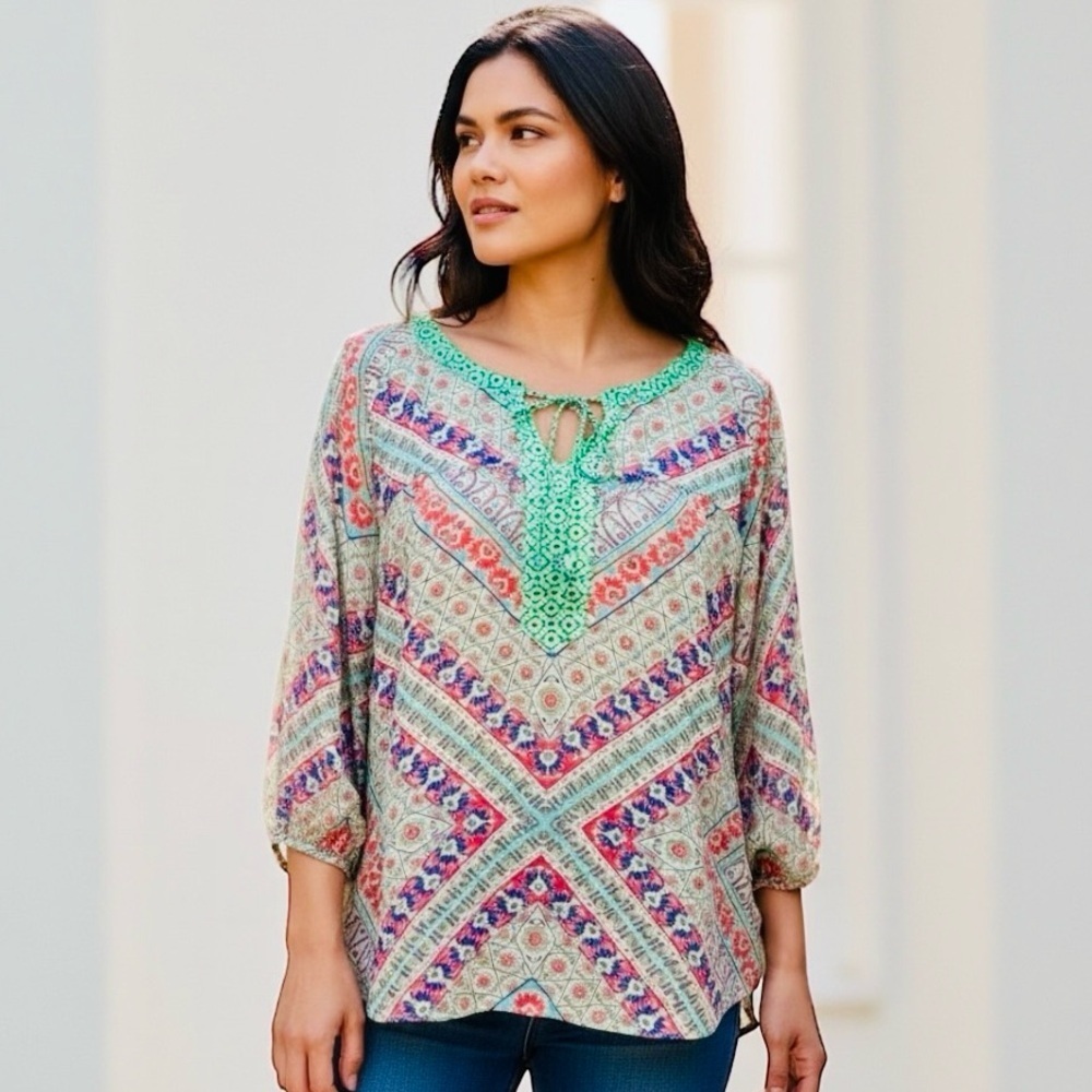 Antropology Fig and Flower blouse top tunic floral print women’s curvy size L